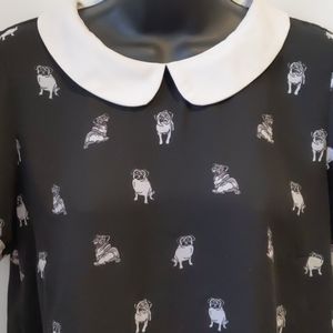 twik Black Blouse with White Peter Pan Collar and White Pug Print